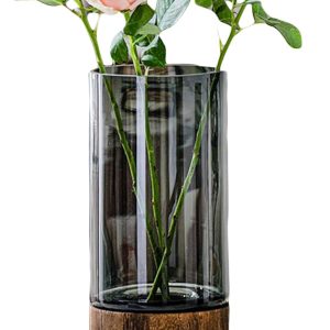 Artistic Wood Glass Vase, 10" H, Wooden Base Cylindrical Flower Vase, Classic Boho Rustic Style for Fireplace Bedroom Kitchen Living Room Centerpieces Office Desk