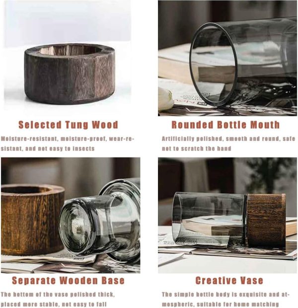 Artistic Wood Glass Vase, 10" H, Wooden Base Cylindrical Flower Vase, Classic Boho Rustic Style for Fireplace Bedroom Kitchen Living Room Centerpieces Office Desk - Image 4