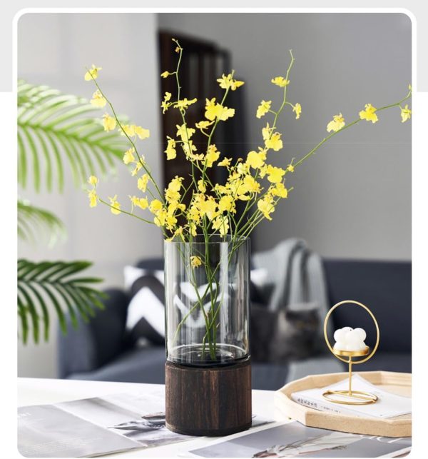 Artistic Wood Glass Vase, 10" H, Wooden Base Cylindrical Flower Vase, Classic Boho Rustic Style for Fireplace Bedroom Kitchen Living Room Centerpieces Office Desk - Image 7