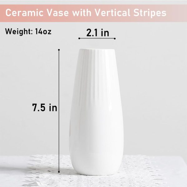 White Ceramic Vase, 7.5 Inch Flower Vase with Vertical Stripes for Pampas Calla Lily Tulip, Minimalism Modern Style for Housewarming, Weddings, Birthday, Christmas, Thanksgiving, New Year - Image 3