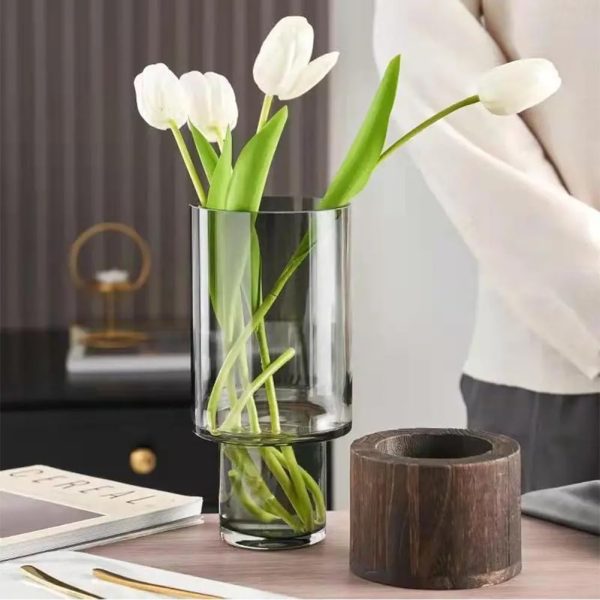 Artistic Wood Glass Vase, 12" H, Large Wooden Base Cylindrical Flower Vase, Classic Boho Rustic Style for Fireplace Bedroom Kitchen Living Room Centerpieces Office Desk - Image 2