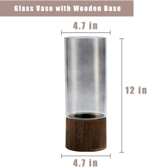 Artistic Wood Glass Vase, 12" H, Large Wooden Base Cylindrical Flower Vase, Classic Boho Rustic Style for Fireplace Bedroom Kitchen Living Room Centerpieces Office Desk - Image 3