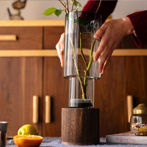 Artistic Wood Glass Vase, 12" H, Large Wooden Base Cylindrical Flower Vase, Classic Boho Rustic Style for Fireplace Bedroom Kitchen Living Room Centerpieces Office Desk - Image 5