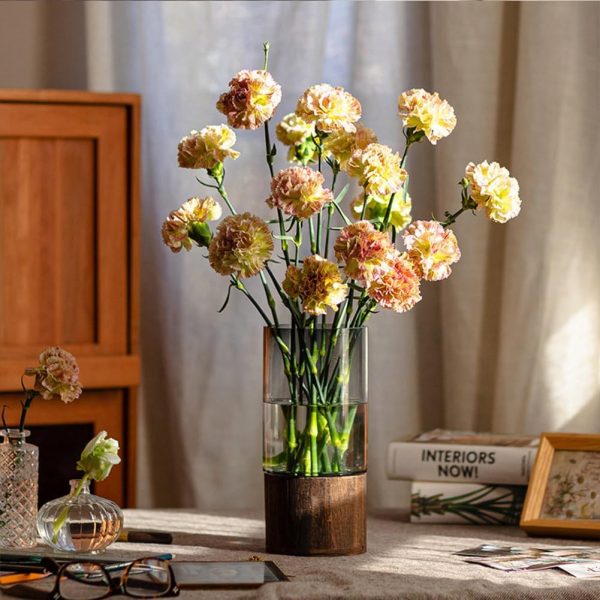 Artistic Wood Glass Vase, 12" H, Large Wooden Base Cylindrical Flower Vase, Classic Boho Rustic Style for Fireplace Bedroom Kitchen Living Room Centerpieces Office Desk - Image 6